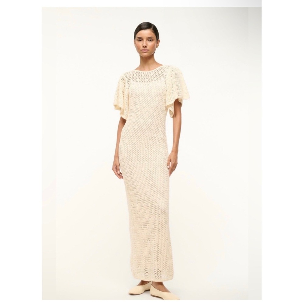 STAUD Isla Pointelle-Knit Cotton Maxi Dress Ecru Flutter Sleeve R25R2244MC S